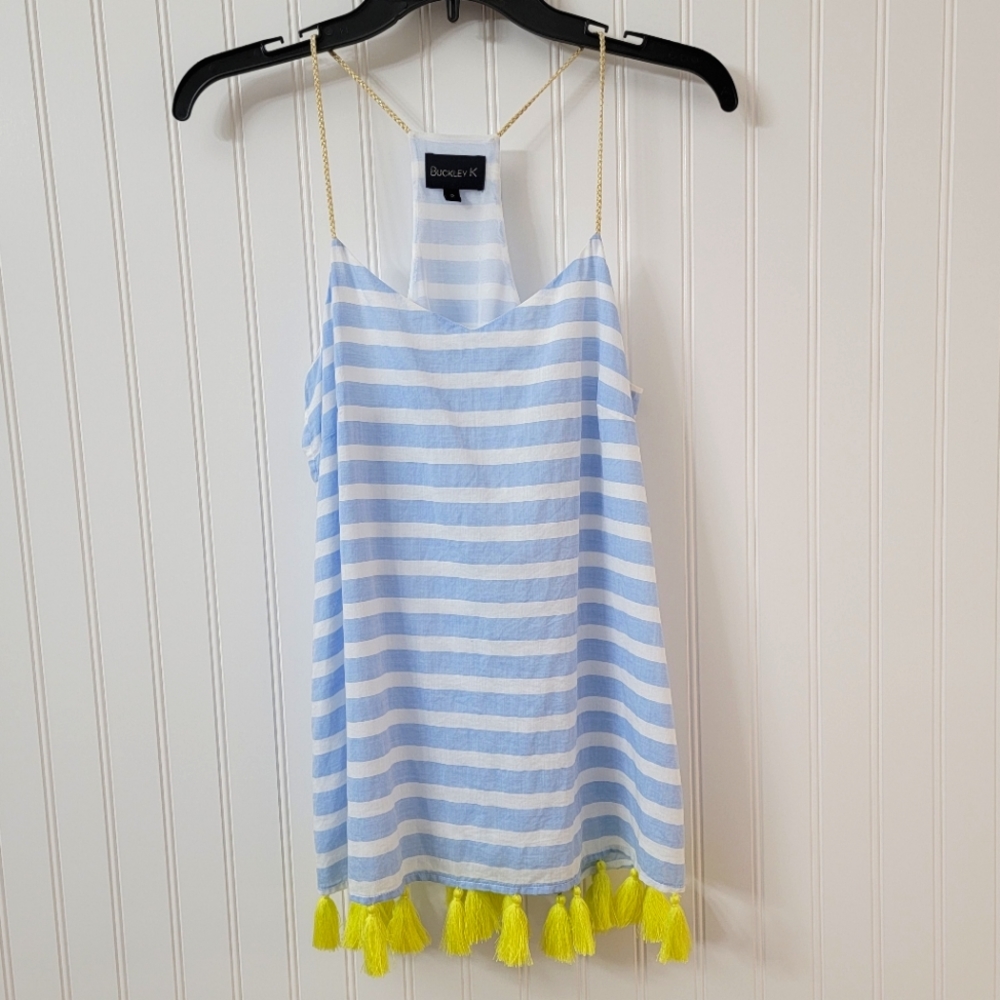 Buckley K blue and white striped tank with bright yellow tassels size 2